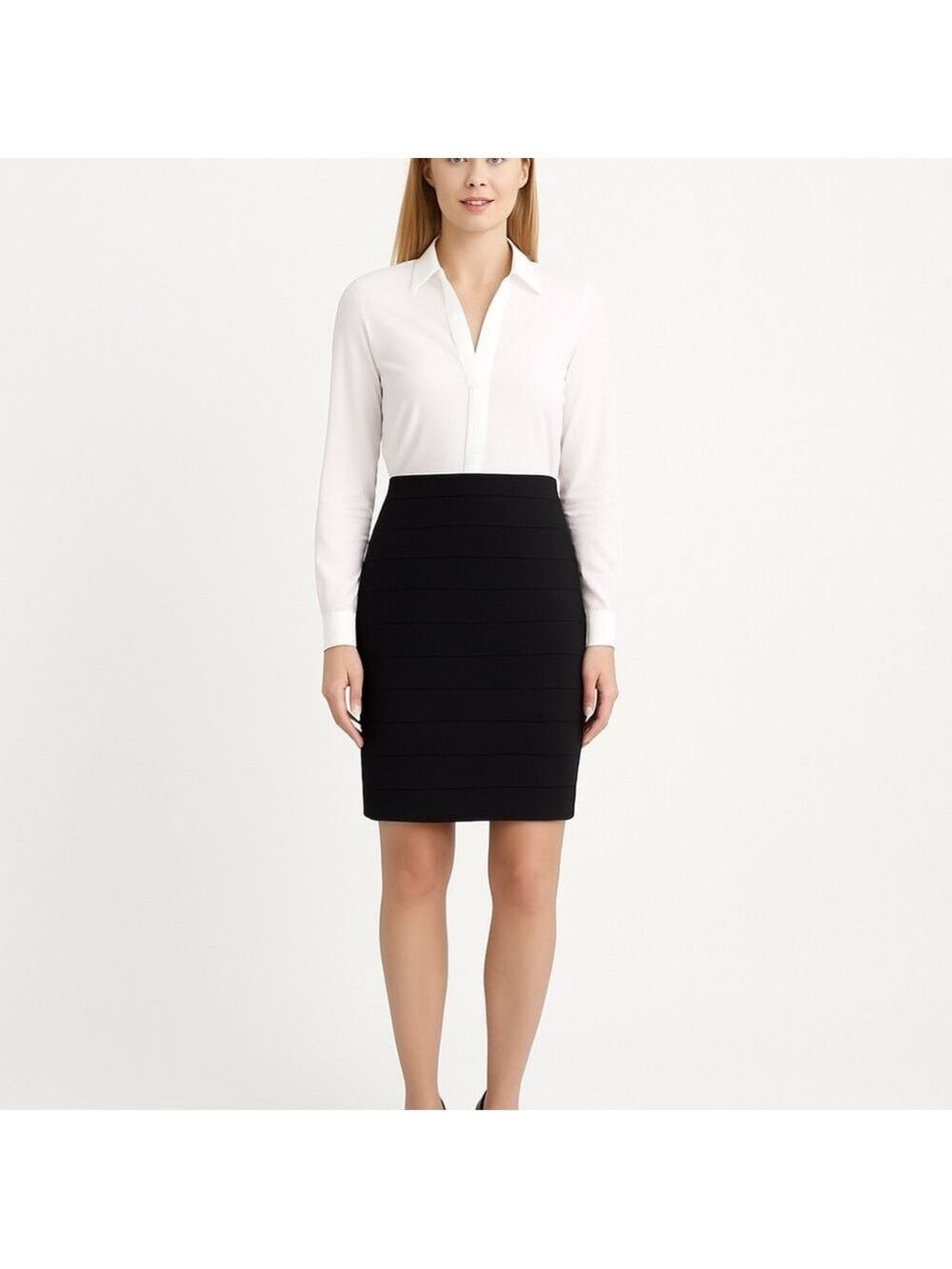 JOSEPH Ribkoff mini skirt pencil black flattering fabric strips elastic waist 12